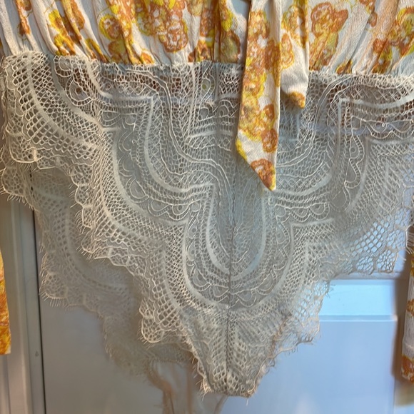 Free People - Forties Feels Yellow Floral Print Tie-Front Bodysuit, Size Small - Picture 5 of 9